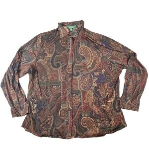 Lauren Ralph Lauren Silk Paisley Button Up Blouse Burgundy Long Sleeve "2XL"